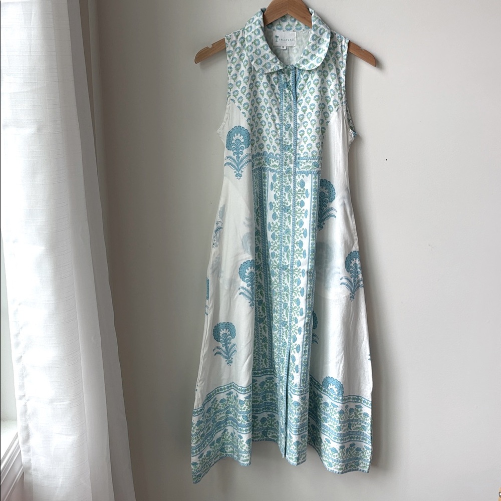 Isla Payal Block Print Sleeveless Dress in Blue White Lined Cotton Boho Size S - Picture 2 of 10
